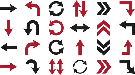 Arrow vector icon collection featuring black and red pointers directional signs curves loops u turns chevrons and navigation interface elements © Akter