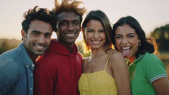 Recording starting, four friends smiling, leaning and adjusting heads in park, posing wearing denim