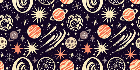 Retro Space Pattern Vector Illustration With Planets And Stars © ShibuProsad
