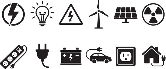 Fototapeta premium Set of electrical energy and power icons, including lightning bolt, light bulb, wind turbine, solar panel, and battery