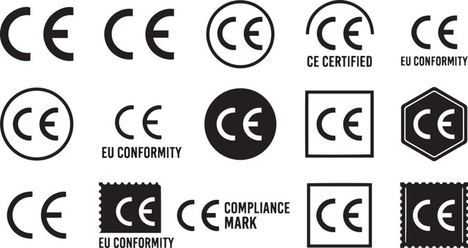 CE mark vector icon set with EU conformity logos and certified product badges isolated on white background for compliance package labeling