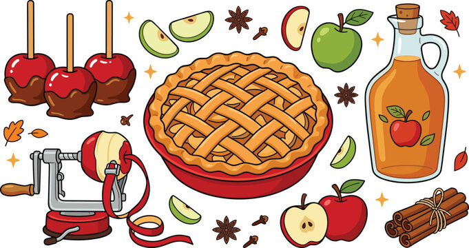 Autumn apple pie baking vector illustration set featuring caramel candy apples cider jug mechanical peeler cinnamon sticks and fall dessert elements