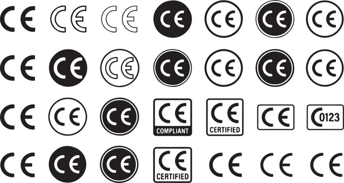 CE mark icon set with european conformity certification symbols and compliance badges isolated on white background for product packaging safety labels