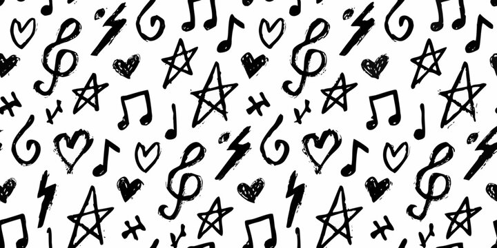 Musical notes hearts and stars seamless vector pattern on white background