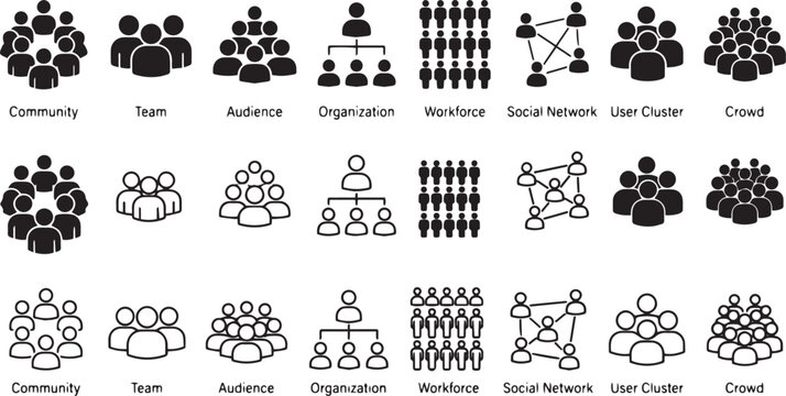 People community icon set with team organization hierarchy workforce audience social network and crowd silhouettes isolated on white background for business presentation