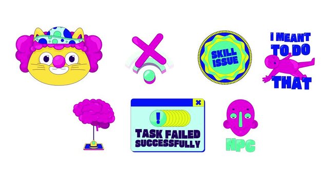 Funny fail gaming reaction 2D animation set. NPC character. Skill issue. Wifi disconnected. Brain AFK. Accidental mistakes. Flat cartoon animated overlay pack. Streaming platform motion graphics