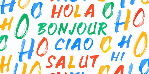 Multilingual Hello Typography Colorful Watercolor Pattern On White Background © ShibuProsad