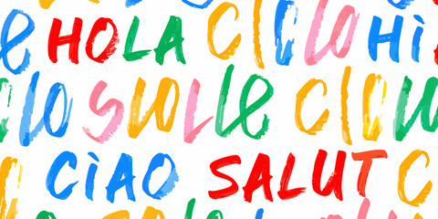 Multilingual greetings typography colorful watercolor pattern on white background © ShibuProsad