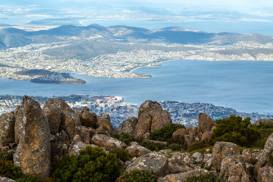 Looking down on the Derwent River estuary and Hobart city from Mount Wellington