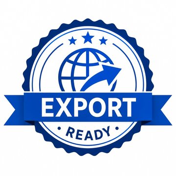 Blue export ready stamp vector icon with globe and ribbon for international business and logistics