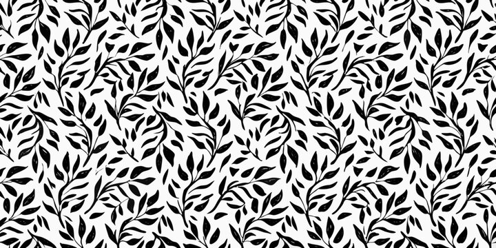 Leafy branch pattern black and white botanical illustration