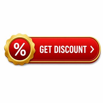 Red Glossy Promotional Button with Gold Percent Seal and Get Discount Text for Online Shopping Sales and Marketing