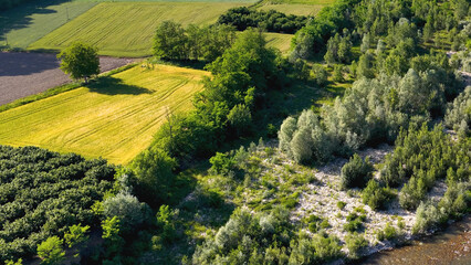 Obraz premium Aerial View of Tanaro Riverbank and Lush Farmland in Piedmont Italy