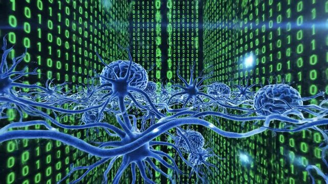Digital Neural Network Connecting Through Glowing Binary Code