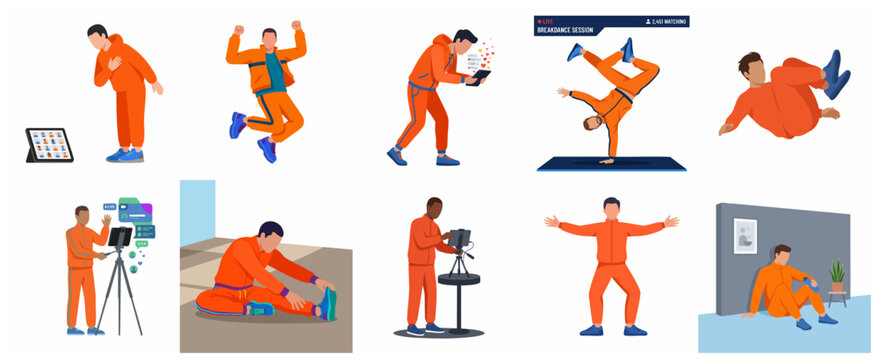 Male influencer and dancer character set performing various activities like livestreaming, breakdancing, and exercising in flat vector style