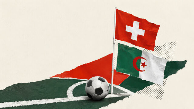 Switzerland and Algeria football match graphic with national flag colours, collage style illustration