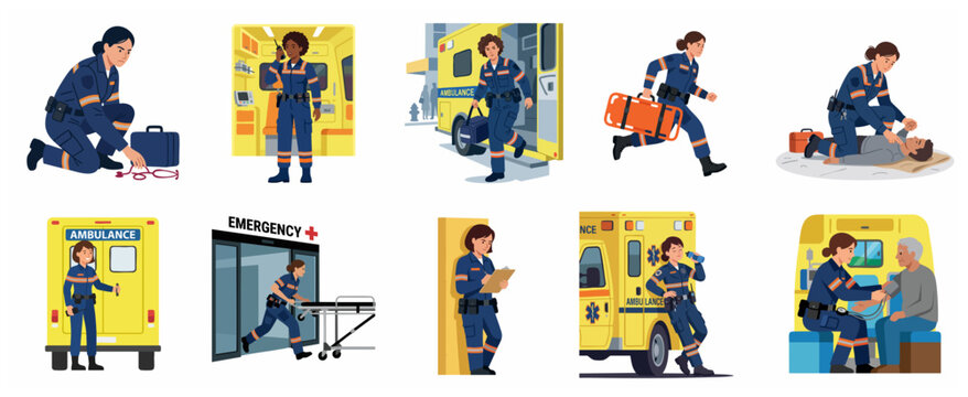 Female Paramedic Character Set Performing Various Emergency Medical Services Tasks and First Aid Procedures