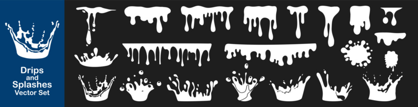 White water drips and splashes vector set.
