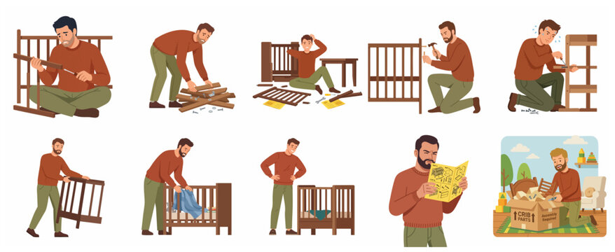 Man assembling baby crib illustration set showing various stages of DIY furniture building from confusion to success