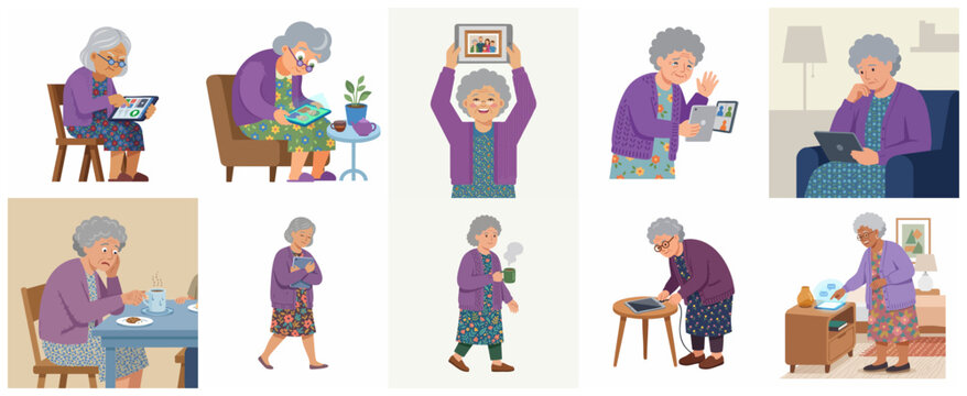 Set of flat illustrations featuring an elderly woman using a digital tablet for video calls, browsing, and communication, depicting modern senior lifestyle and digital literacy.