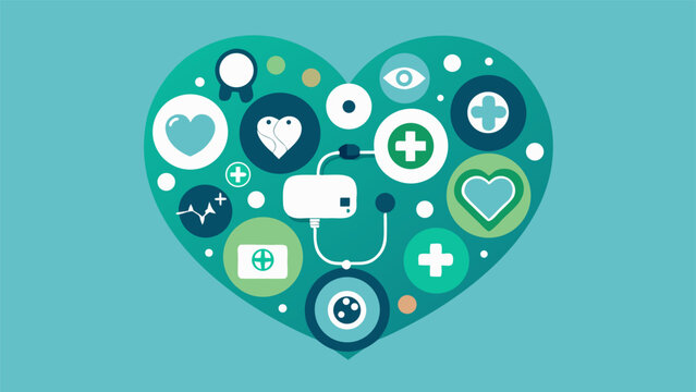 Collection of healthcare symbols arranged in a heart shape, illustrating the importance of care and wellness. eps.eps