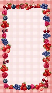 Fresh watercolor fruit frame featuring strawberries, blueberries, raspberries, and cherries arranged around a soft pink gingham background. The spacious center provides ample copy space, making it per