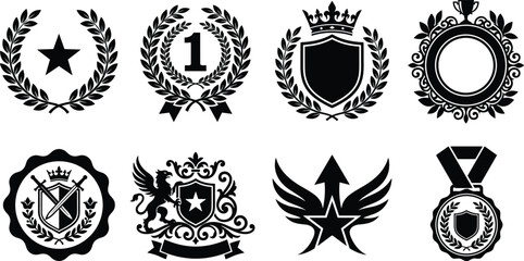 Fototapeta premium Award Badge and Heraldic Crest Silhouette Collection with Laurel Wreath and Shield Emblems