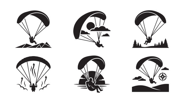 Set of vector illustrations of people paragliding in black and white.