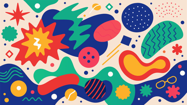 Colorful abstract design with various shapes and letters interwoven throughout the composition.eps
