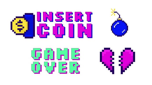 Retro arcade pixel art gaming reaction 2D animation set. Insert coin. Game over message. 16 bit explosive bomb. Broken heart. Cartoon animated overlay pack. Streaming platform motion graphics