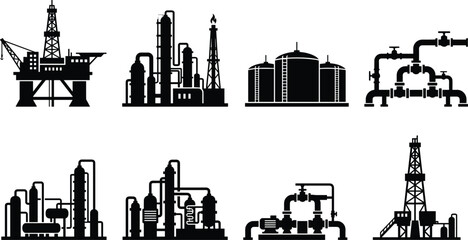 Obraz premium Oil and Gas Industry Silhouette Set with Refinery Pipeline and Drilling Infrastructure