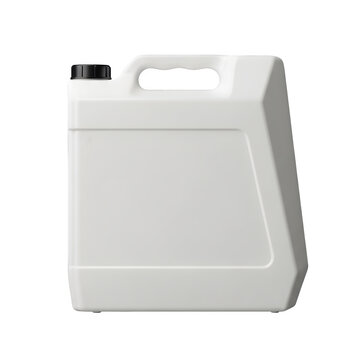 White plastic jerrican with handle and black cap on transparent background.