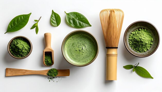 A serene arrangement of matcha green tea ingredients and utensils on a table
