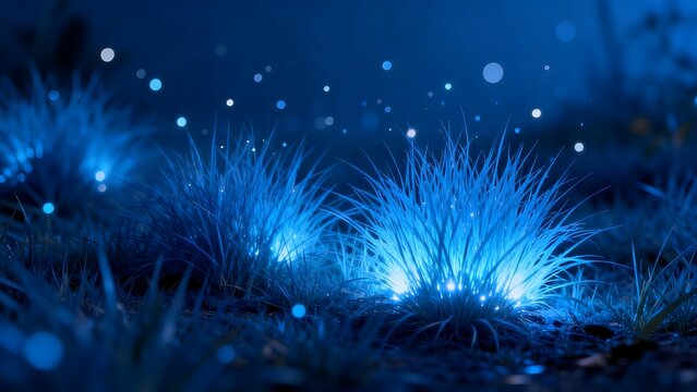 Glowing blue grass with floating lights