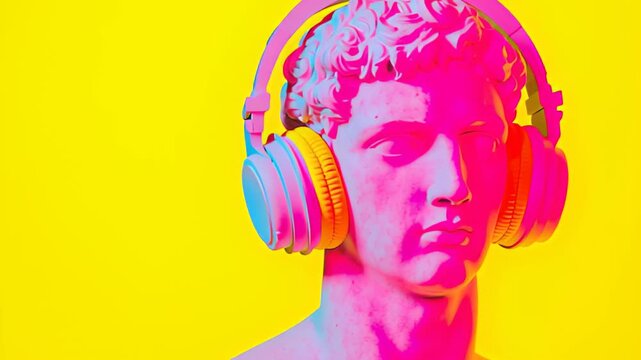 Vibrant sculpture wearing headphones on bold yellow and pink background