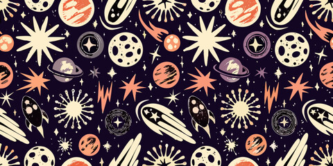 Retro space pattern with planets stars and rockets vector illustration © Suvro