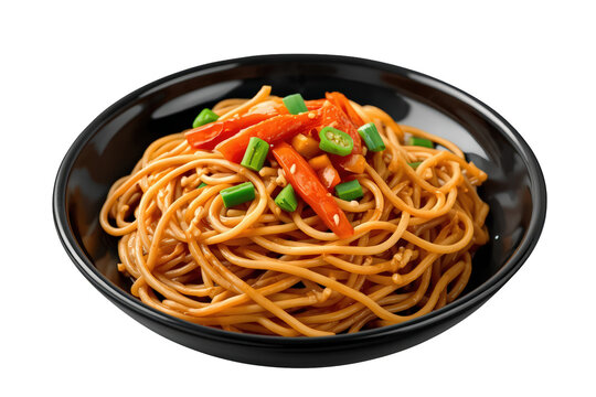 Stir-fry noodles with red peppers and green onions in black bowl, asian cuisine pasta meal, isolated on transparent background