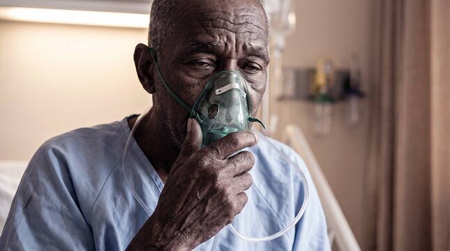 Elderly African Man Wearing Oxygen Mask in Hospital Gown Sitting in Hospital Bed