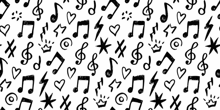 Musical notes and symbols seamless pattern black and white