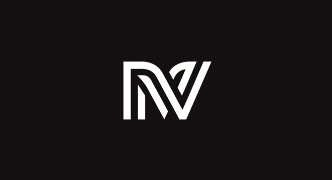 Minimalist geometric NV initials logo on dark background.