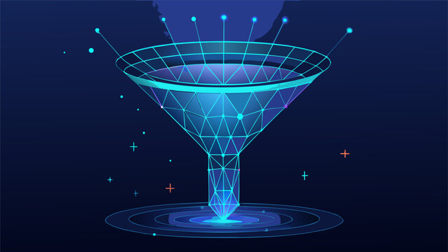 Data funnel illustration showing a data filter at the narrow end, representing data processing and refinement.eps