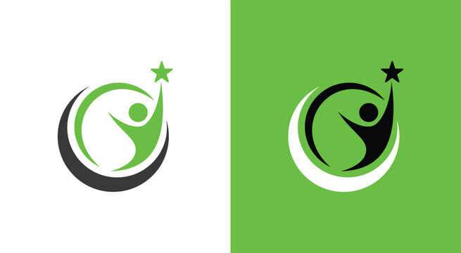 Abstract logo design featuring a person reaching for a star in a circle.