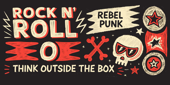 Rock and roll themed vector illustration with skull and star motifs