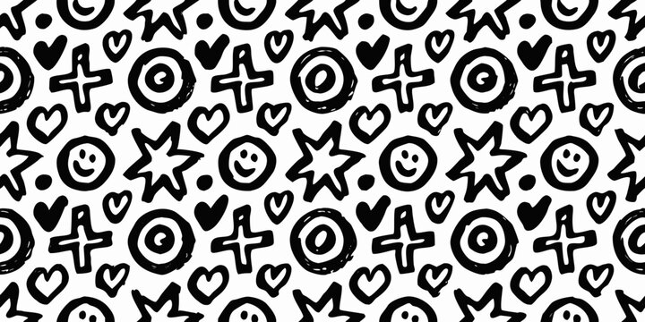 Hand drawn black and white doodle pattern with hearts stars and faces