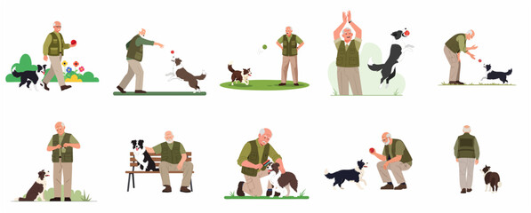 Fototapeta premium Senior man with his border collie dog set of illustrations, elderly owner playing, walking, and grooming his pet, active retirement lifestyle concept.