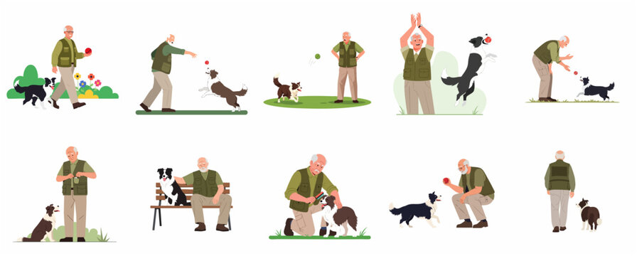 Senior man with his border collie dog set of illustrations, elderly owner playing, walking, and grooming his pet, active retirement lifestyle concept.