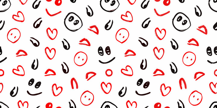 Minimalist Face Doodles And Hearts Pattern On White Background