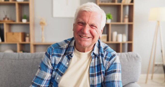 Senior man smiling portrait at home indoors. Elderly retiree sits on a cozy sofa in a bright living room, radiating warmth and optimism. Ideal for healthcare ads. Concept of happy healthy aging.