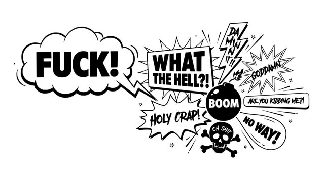 Speech Bubbles with Comic Profanity and Exclamation Symbols in Black Ink on White Background, Pop Art Style Concept