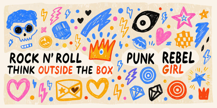 Punk Rock Doodle Collection Hand drawn Vector Illustration